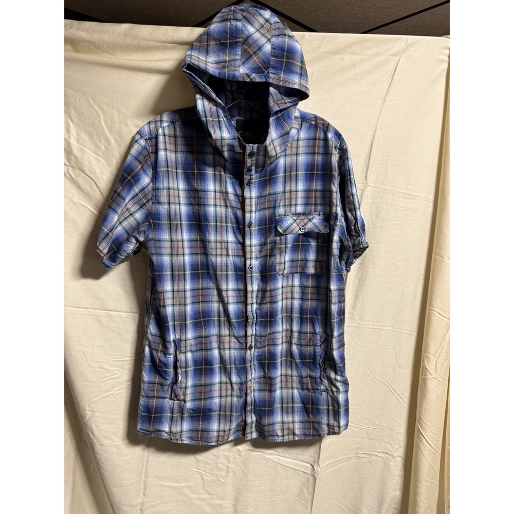 Men's Civil Society Hooded Short Sleeve Plaid Shirt Large Blue, White, Black